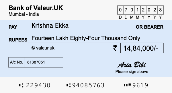 How to write a cheque for 14.84 lakh rupees