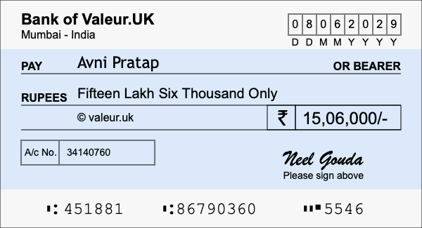 How to write a cheque for 15.06 lakh rupees