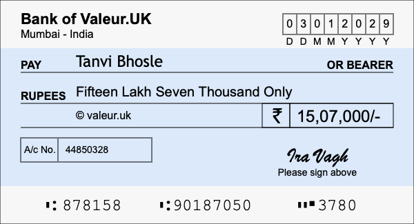 How to write a cheque for 15.07 lakh rupees