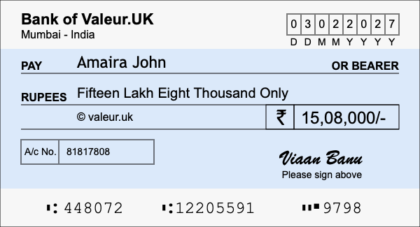 How to write a cheque for 15.08 lakh rupees