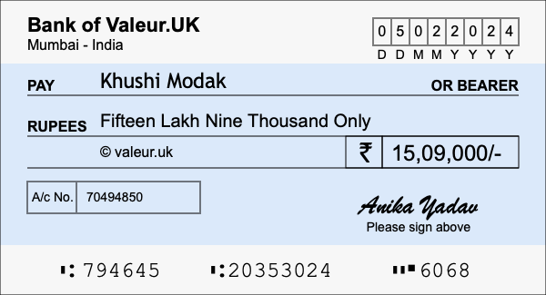 How to write a cheque for 15.09 lakh rupees