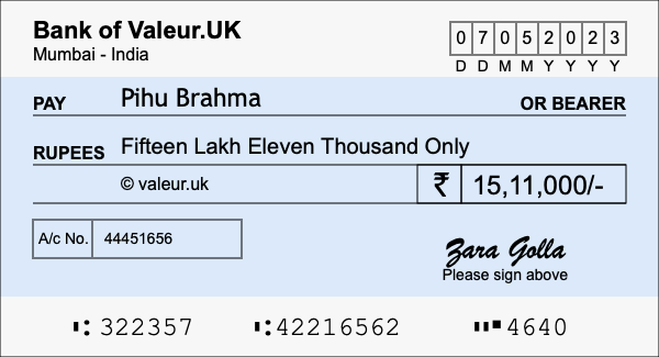 How to write a cheque for 15.11 lakh rupees