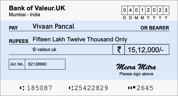 How to write a cheque for 15.12 lakh rupees