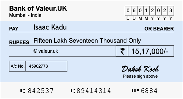 How to write a cheque for 15.17 lakh rupees