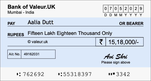 How to write a cheque for 15.18 lakh rupees