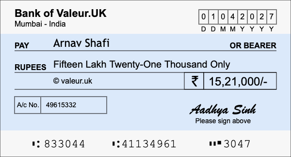 How to write a cheque for 15.21 lakh rupees