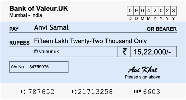 How to write a cheque for 15.22 lakh rupees