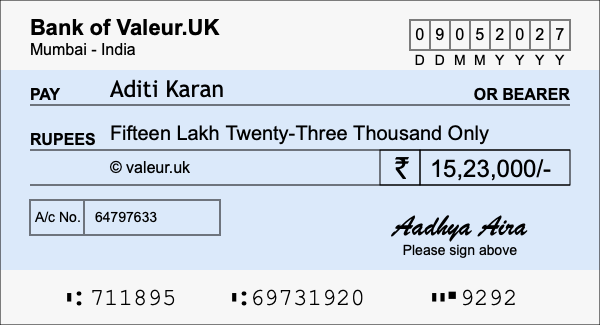 How to write a cheque for 15.23 lakh rupees