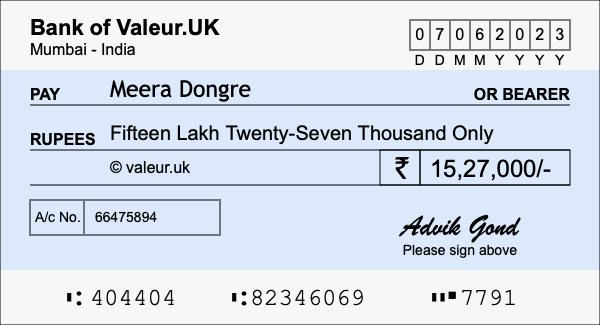 How to write a cheque for 15.27 lakh rupees