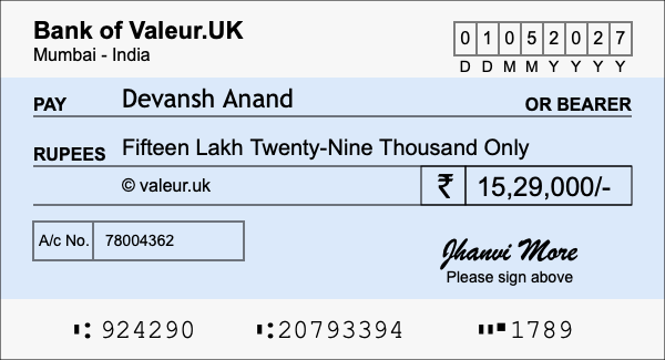 How to write a cheque for 15.29 lakh rupees