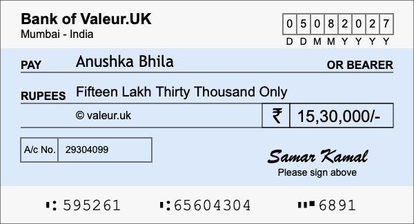 How to write a cheque for 15.3 lakh rupees