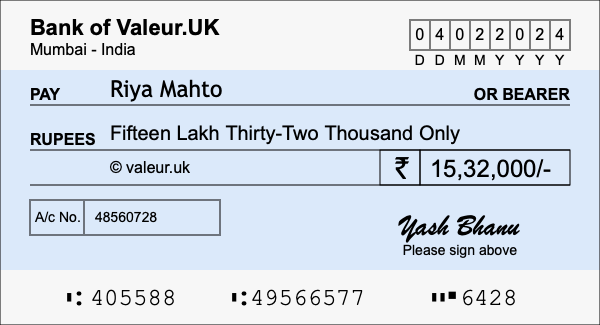 How to write a cheque for 15.32 lakh rupees