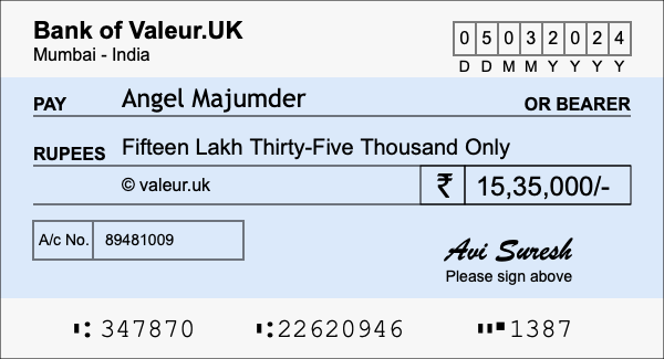 How to write a cheque for 15.35 lakh rupees