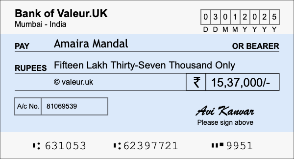 How to write a cheque for 15.37 lakh rupees