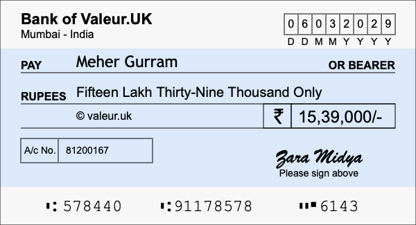 How to write a cheque for 15.39 lakh rupees