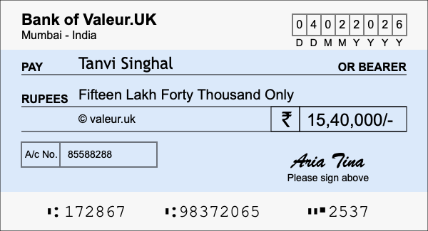 How to write a cheque for 15.4 lakh rupees