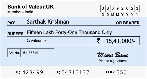 How to write a cheque for 15.41 lakh rupees