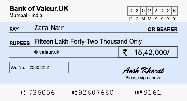 How to write a cheque for 15.42 lakh rupees