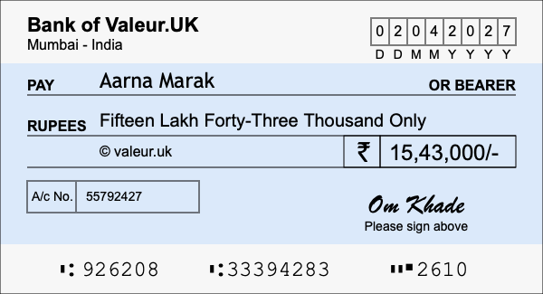 How to write a cheque for 15.43 lakh rupees