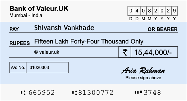 How to write a cheque for 15.44 lakh rupees