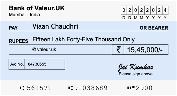 How to write a cheque for 15.45 lakh rupees