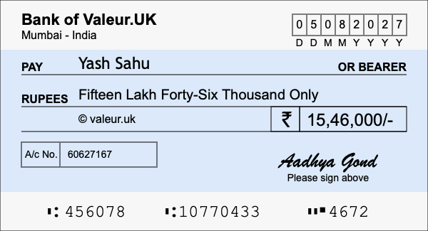 How to write a cheque for 15.46 lakh rupees