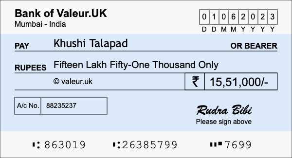 How to write a cheque for 15.51 lakh rupees