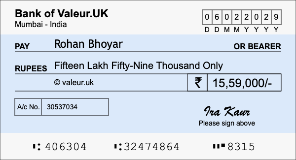 How to write a cheque for 15.59 lakh rupees