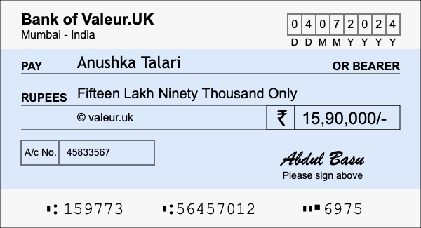 How to write a cheque for 15.9 lakh rupees How to write a cheque for 15.9 lakh rupees