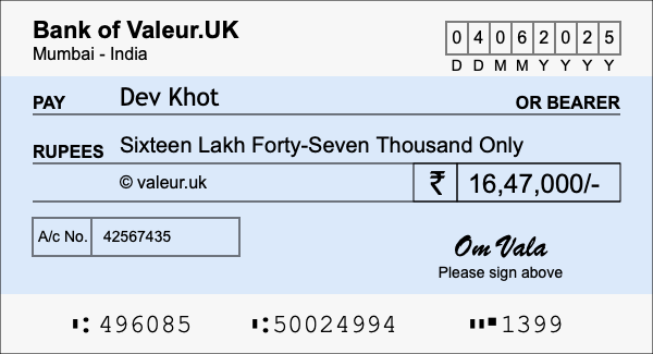 How to write a cheque for 16.47 lakh rupees