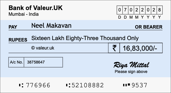 How to write a cheque for 16.83 lakh rupees