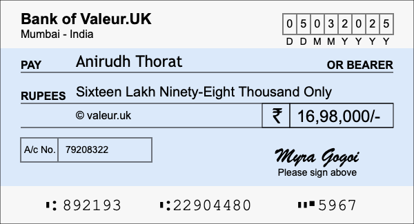How to write a cheque for 16.98 lakh rupees