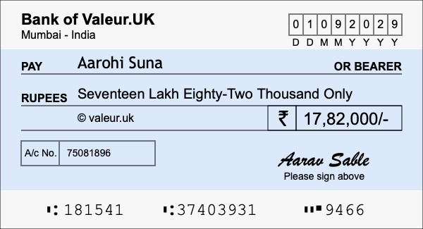 How to write a cheque for 17.82 lakh rupees