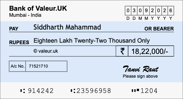 How to write a cheque for 18.22 lakh rupees