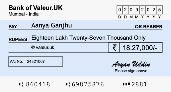 How to write a cheque for 18.27 lakh rupees