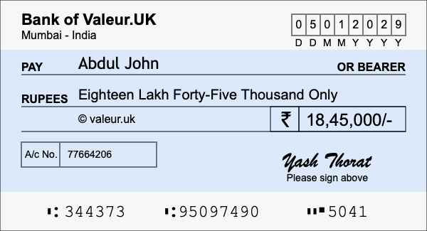 How to write a cheque for 18.45 lakh rupees