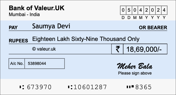 How to write a cheque for 18.69 lakh rupees