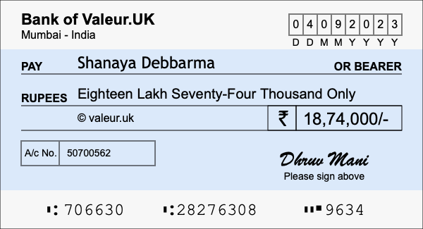 How to write a cheque for 18.74 lakh rupees