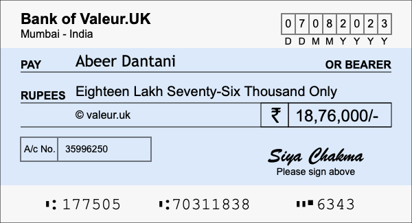 How to write a cheque for 18.76 lakh rupees