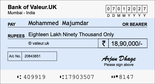 How to write a cheque for 18.9 lakh rupees