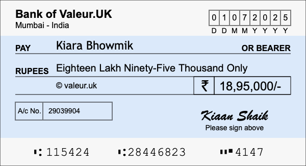 How to write a cheque for 18.95 lakh rupees