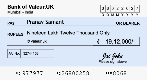 How to write a cheque for 19.12 lakh rupees How to write a cheque for 19.12 lakh rupees