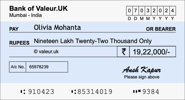 How to write a cheque for 19.22 lakh rupees How to write a cheque for 19.22 lakh rupees