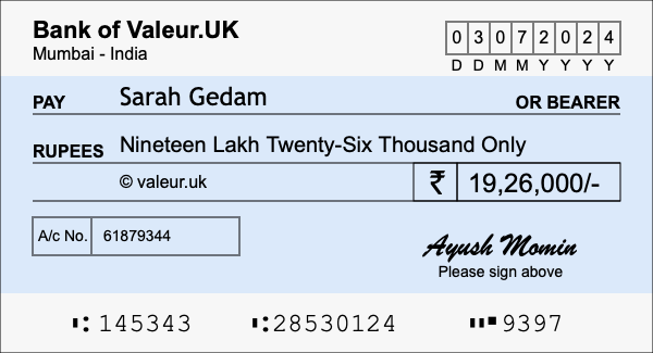 How to write a cheque for 19.26 lakh rupees How to write a cheque for 19.26 lakh rupees