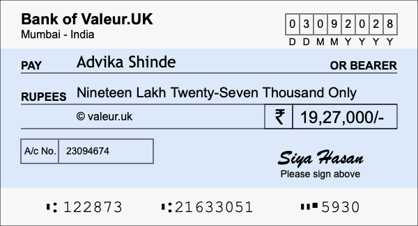 How to write a cheque for 19.27 lakh rupees How to write a cheque for 19.27 lakh rupees