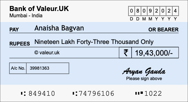 How to write a cheque for 19.43 lakh rupees