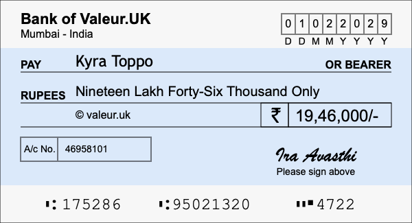 How to write a cheque for 19.46 lakh rupees