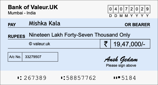 How to write a cheque for 19.47 lakh rupees