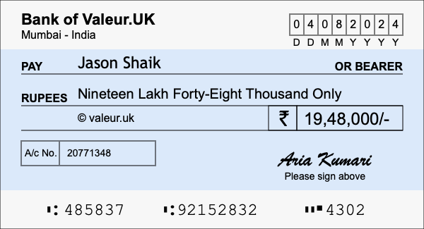 How to write a cheque for 19.48 lakh rupees