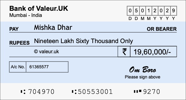How to write a cheque for 19.6 lakh rupees